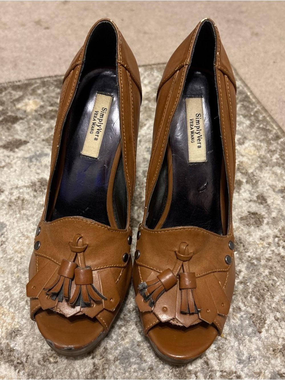 Vera Wang Brown Leather Tassel Peep-Toe Pumps